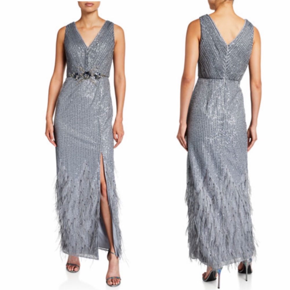 Aidan Mattox Feathered Hem sleeveless beaded trim long dress
